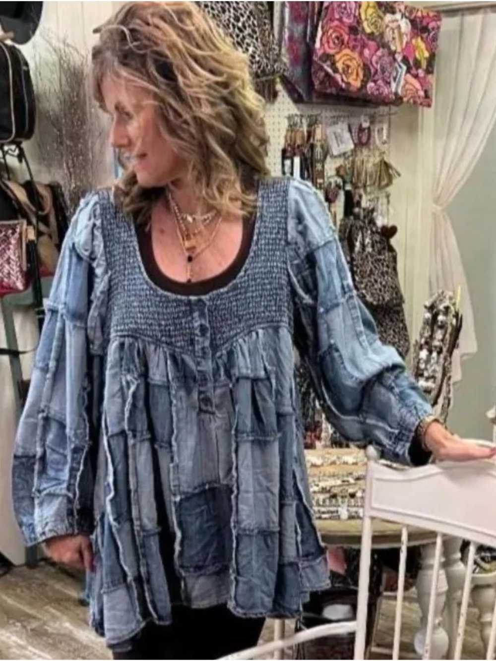 Smocked Patchwork Tunic Top in Washed Blue